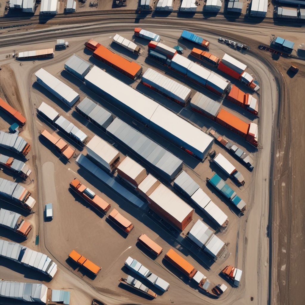 Aerial view of a modern logistics facility with trucks and containers