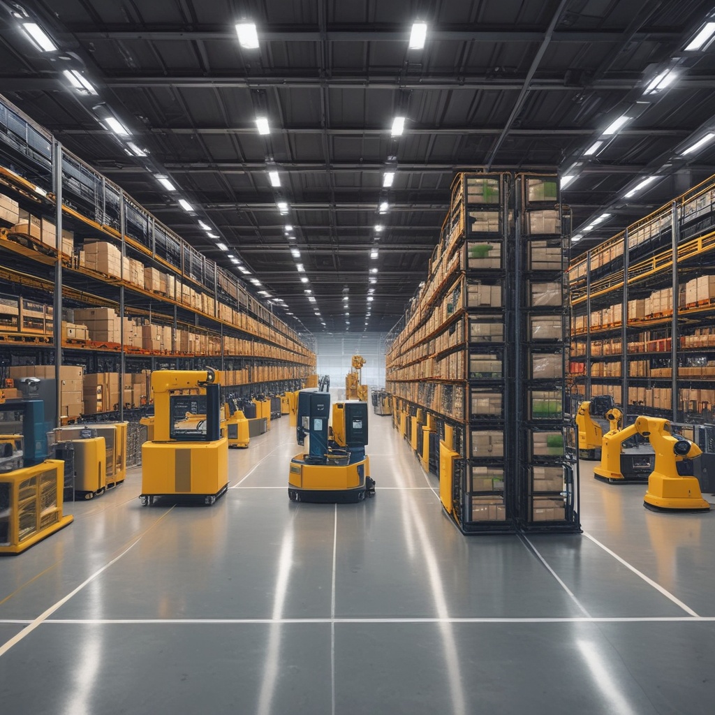 Modern automated logistics facility with robots and AI systems